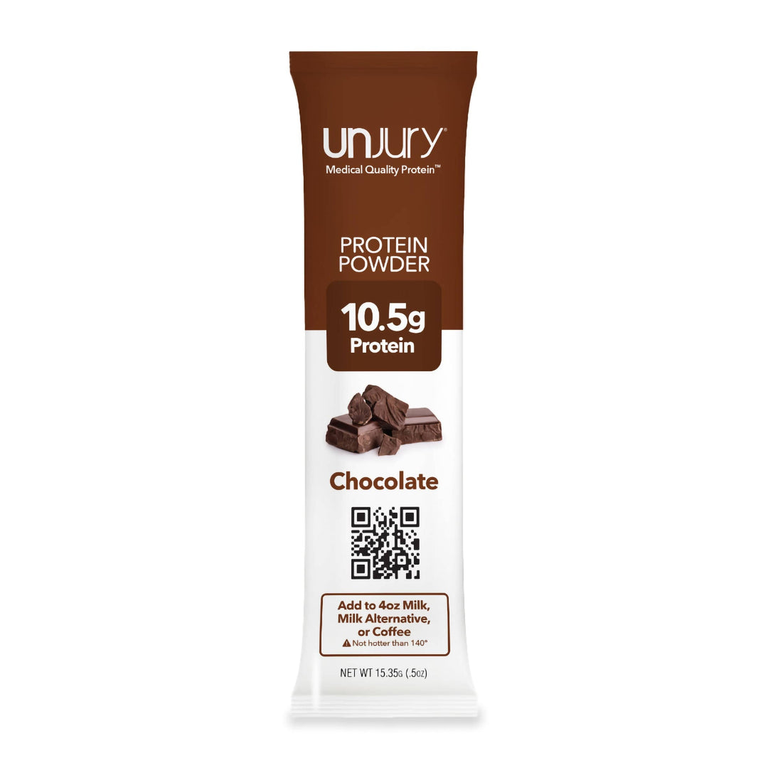 Unjury Chocolate single-serve whey protein isolate stick packet.