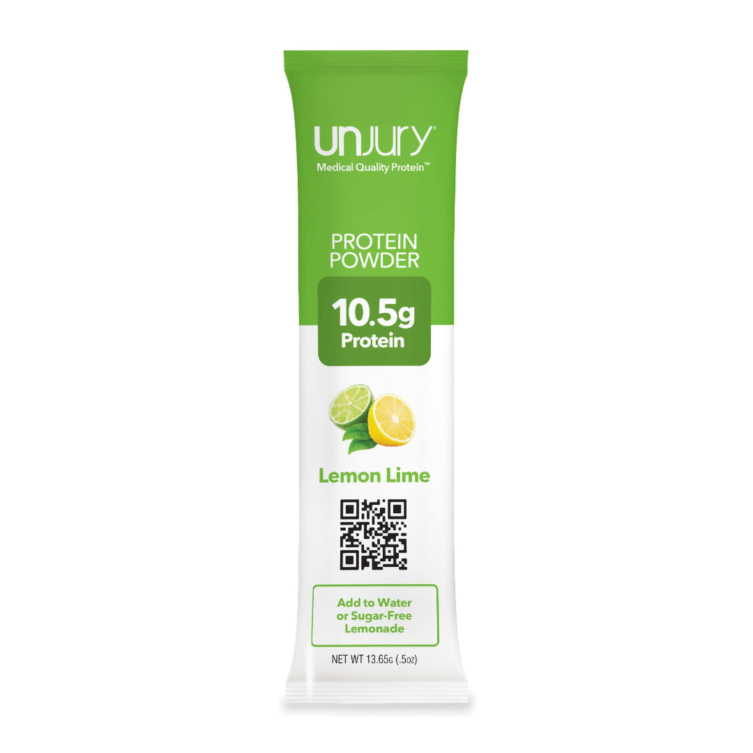 Unjury Lemon Lime Single-Serve Whey Protein Stick Packs. 