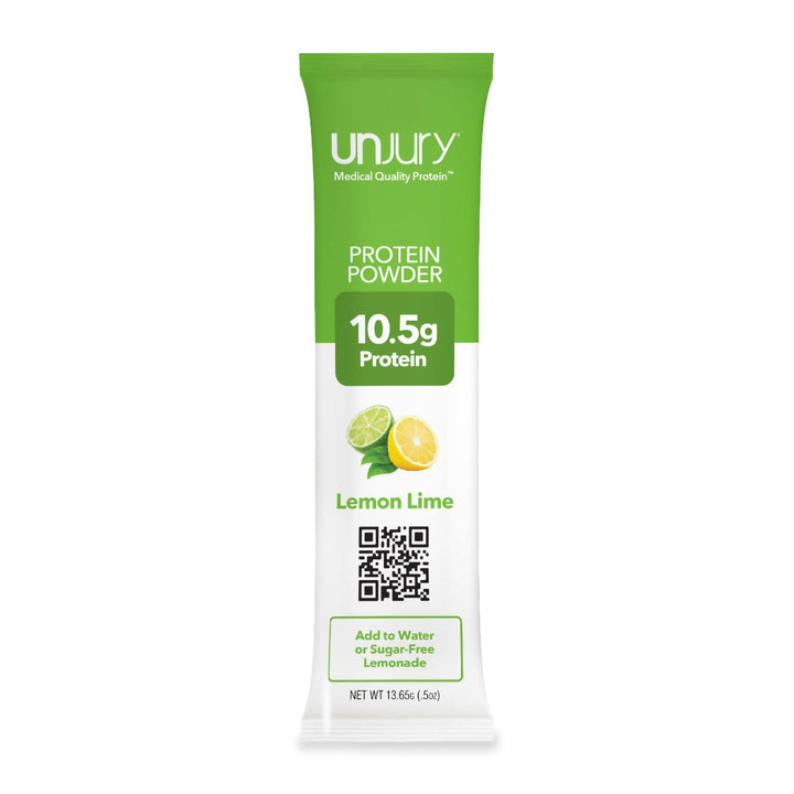 Unjury Lemon Lime Single-Serve Whey Protein Stick Packs. 