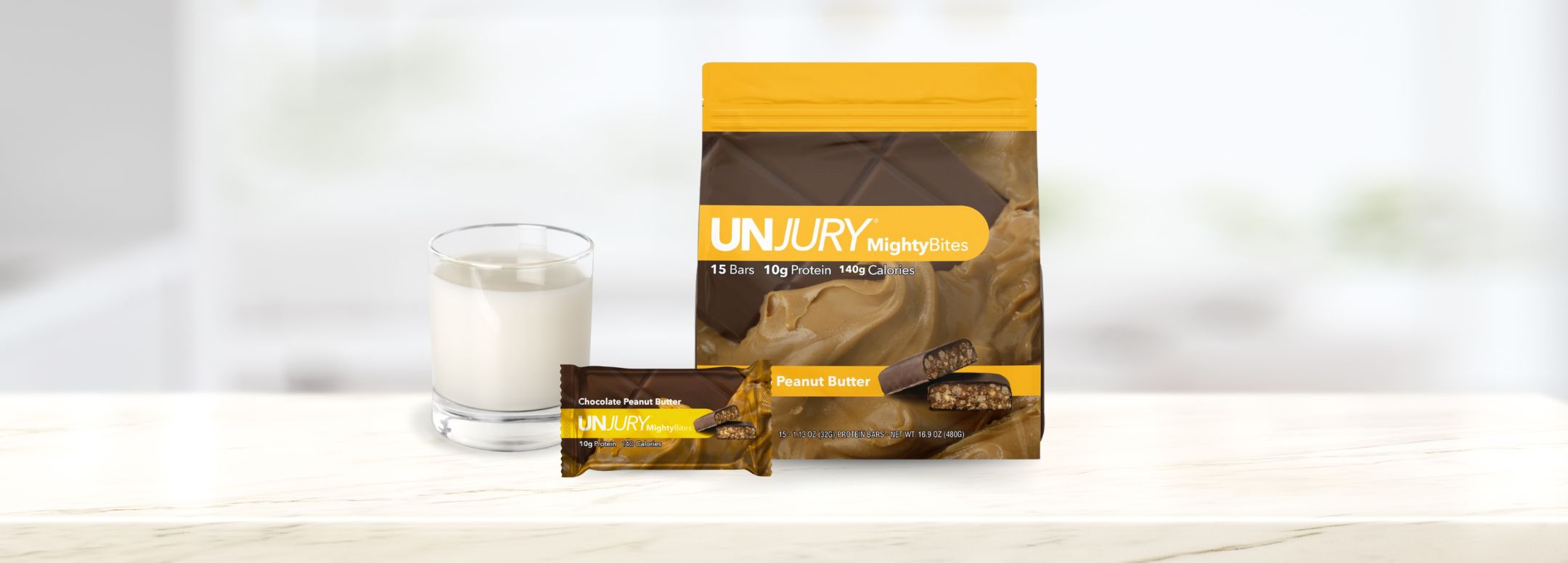 Unjury Protein Chocolate Peanut Butter Protein Bars. 10g of protein and 140 calories per bar. 15 bars per bag.