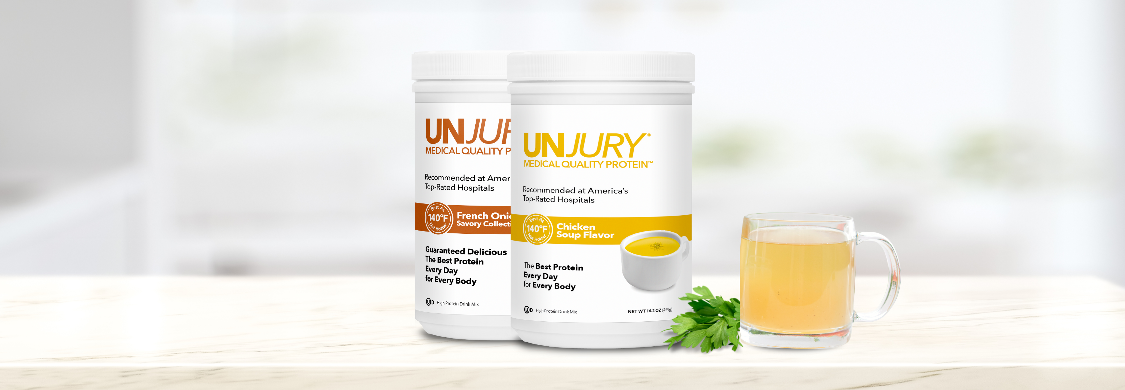 Unjury High Protein Savory Soups in French Onion and Chicken Soup flavors