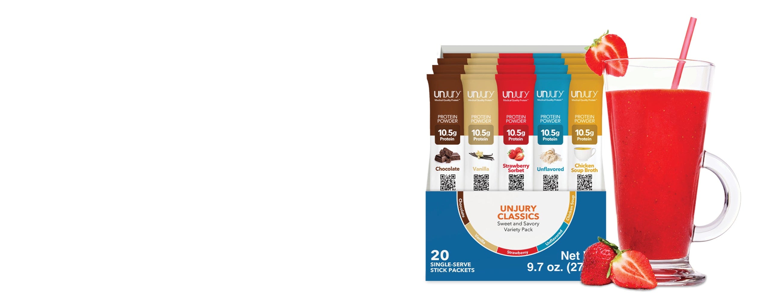 Unjury Single-Serve Whey Protein Isolate Stick Packs - available in a variety pack and 8 different flavors.