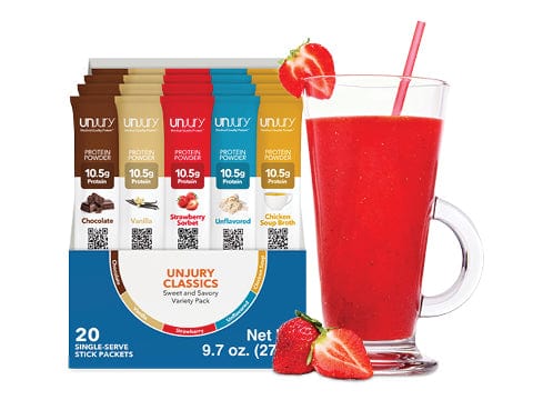Unjury Single-Serve Whey Protein Isolate Stick Packs - available in a variety pack and 8 different flavors.