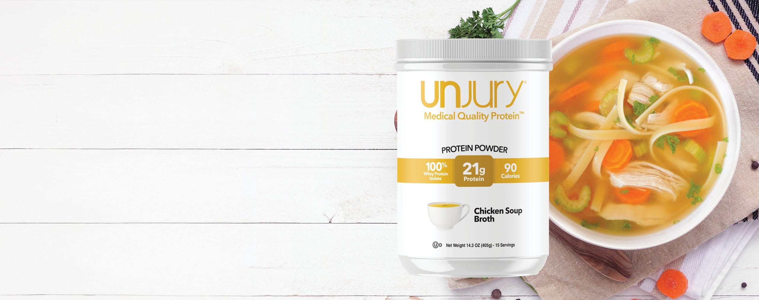 Chicken soup flavor 100% whey protein isolate powder.