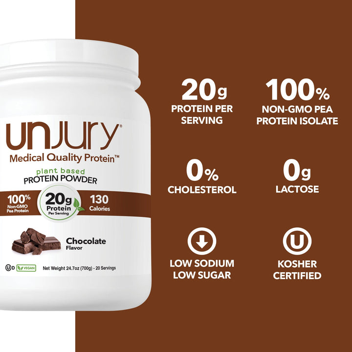 Unjury Chocolate plant-based vegan protein powder 100% non-gmo pea protein, 20g protein per serving, 0g of lactose, low sugar and low sodium.