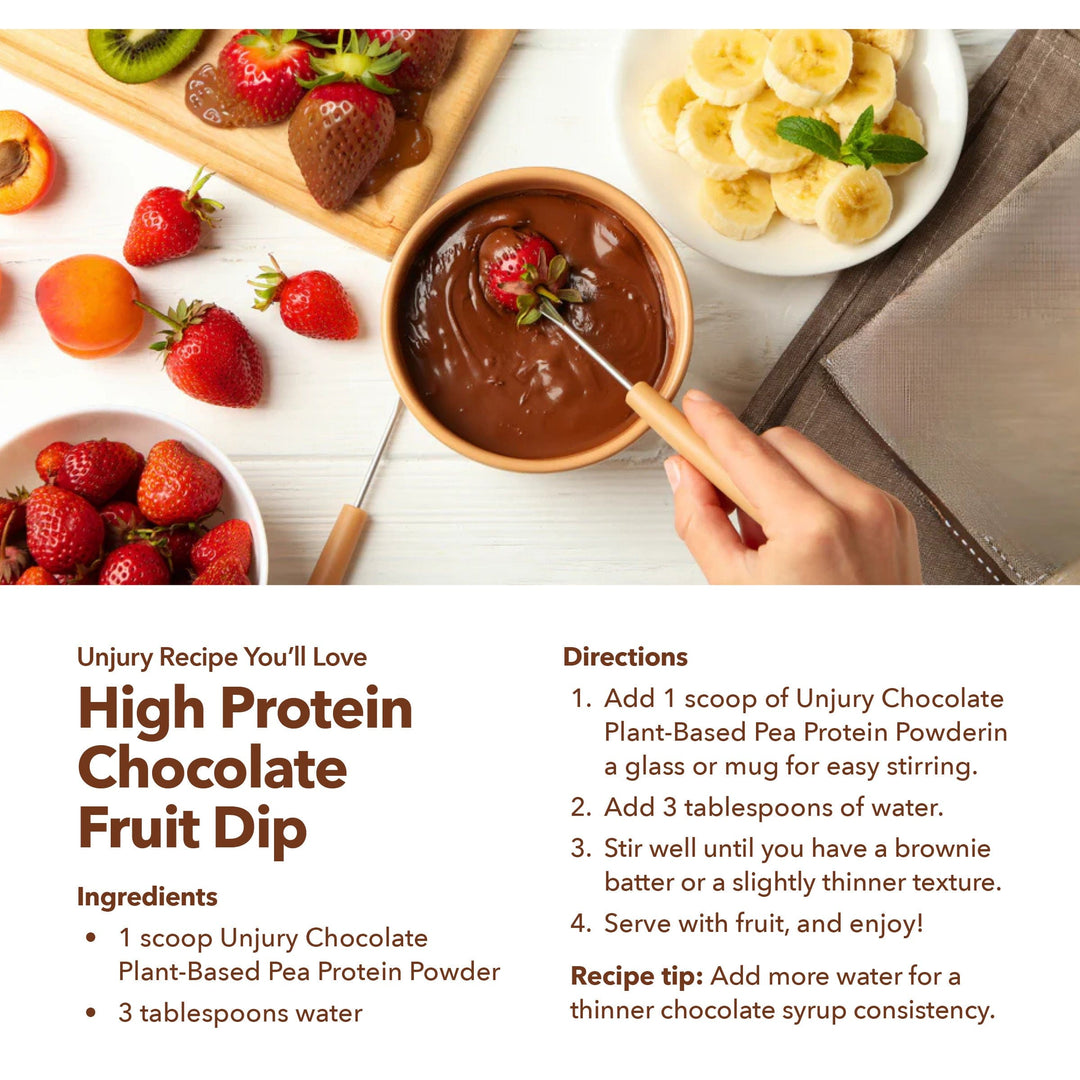 High protein chocolate fruit dip with ingredients and preparation instructions on a white background.