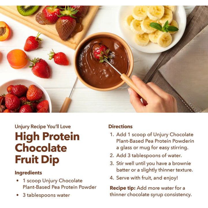 High protein chocolate fruit dip with ingredients and preparation instructions on a white background.