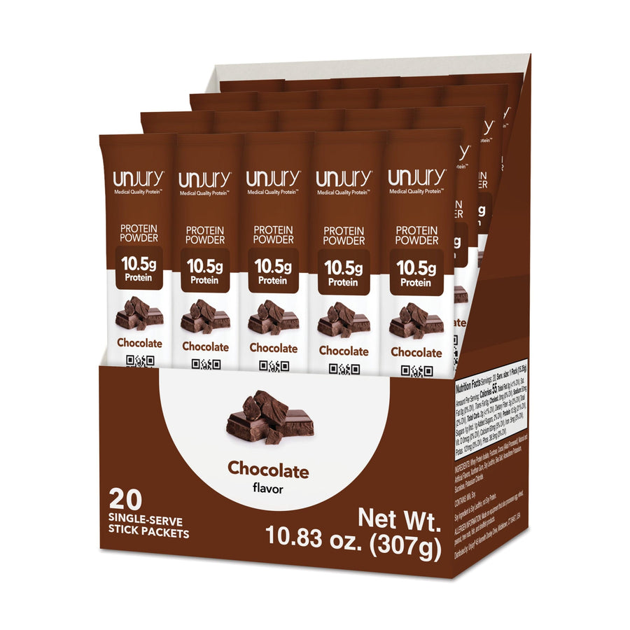 Unjury Chocolate Whey Protein Single-Serve Stick Pack Box of 20.