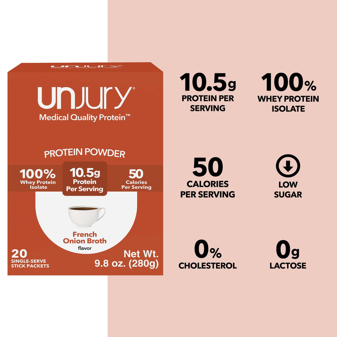 Unjury French Onion Protein Powder Single Serve Stick Packs provide 10.5g of protein per serving, are 100% whey protein isolate, are low sodium, low sugar, and have 0g of lactose and 0% cholesterol.