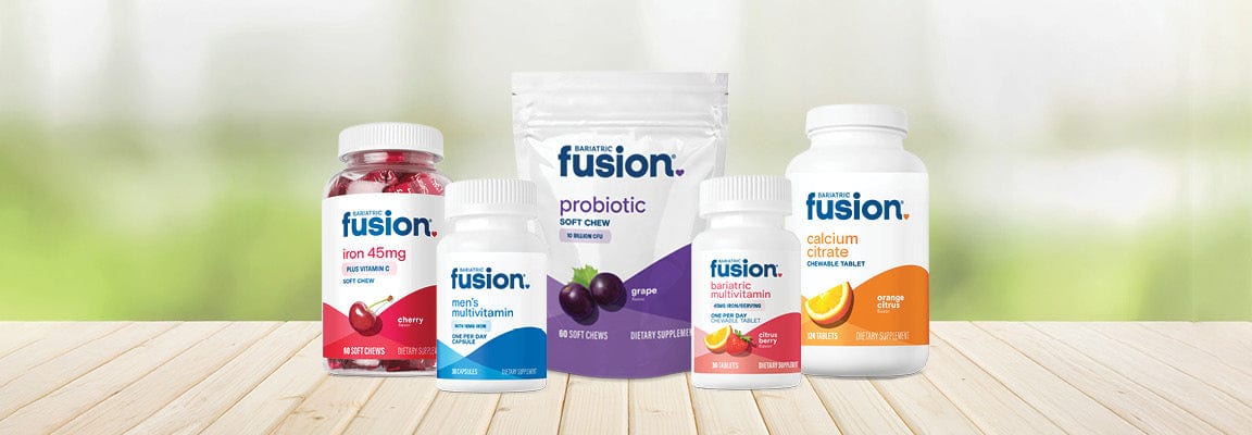 A collection of Bariatric Fusion bariatric vitamins and supplements.