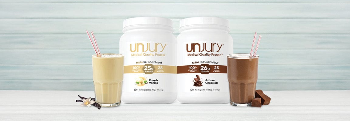 Two containers of Unjury protein powder with two drinks on a light background
