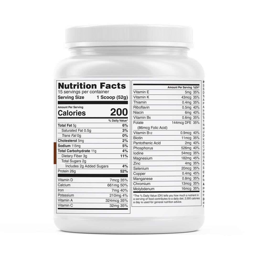 Unjury Artisan Chocolate Protein-Centric Meal Replacement Nutrition Facts Panel on product container