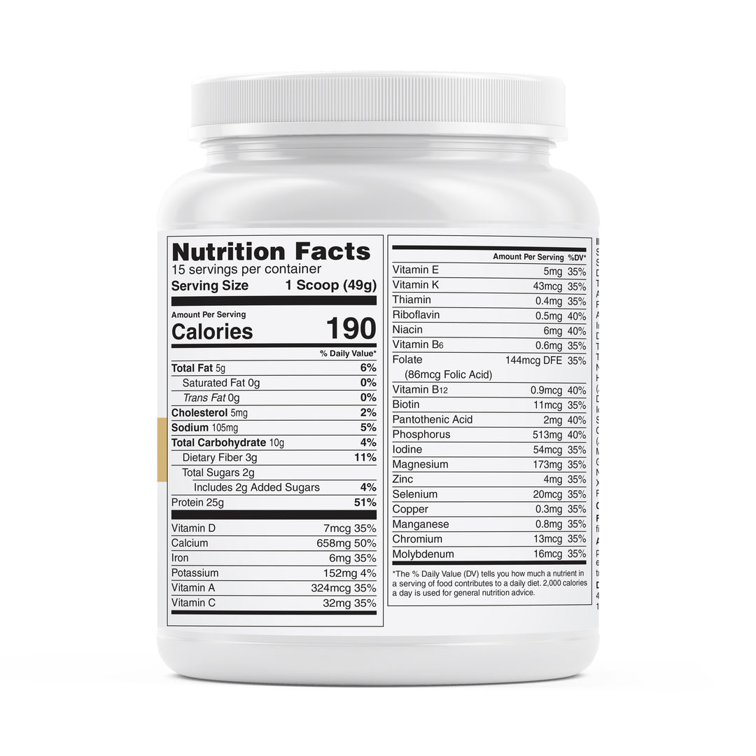 Unjury French Vanilla Protein-Centric Meal Replacement Nutrition Facts Panel on container