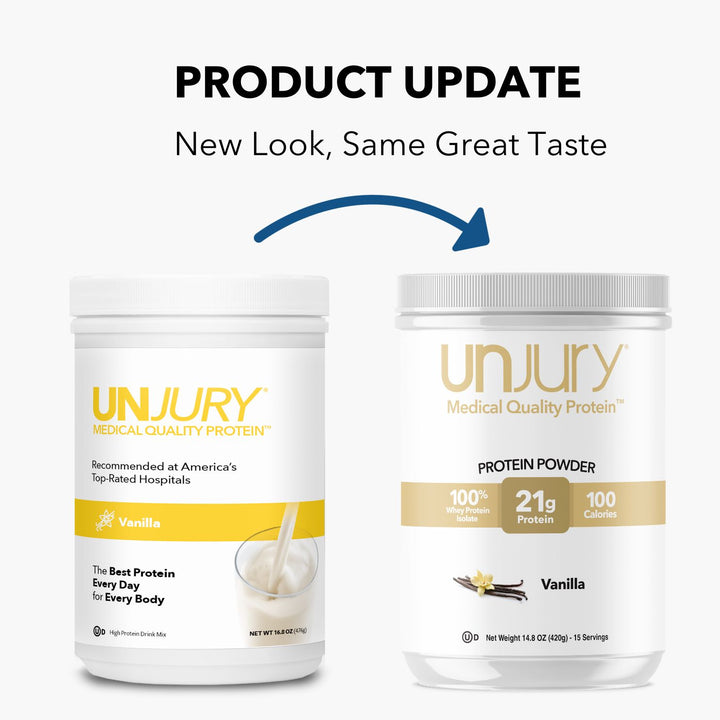 Unjury Vanilla High Whey Protein Powder Product Update. New look, same great taste.