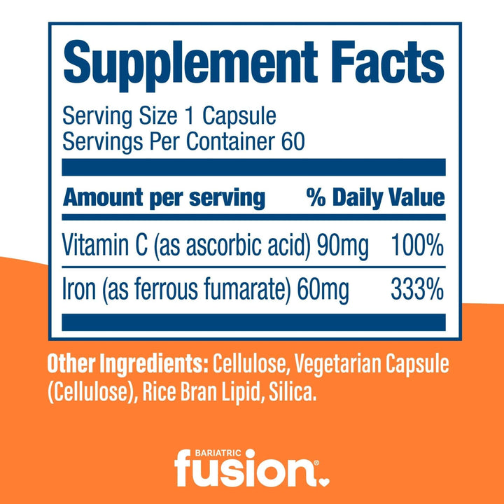 Bariatric Fusion Bariatric Iron Plus Vitamin C 60mg supplement facts.