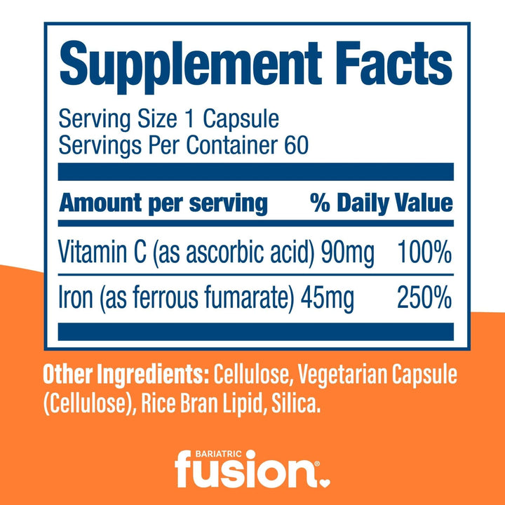 Bariatric Fusion Bariatric Iron Plus Vitamin C 45 mg capsules supplement facts.