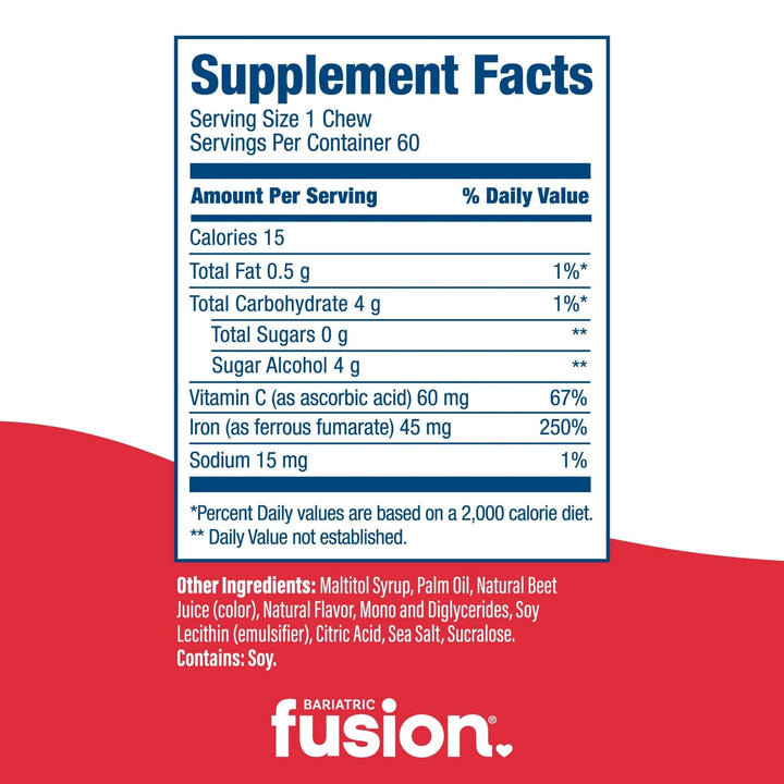 Cherry 45mg Iron soft chew with Vitamin C supplement facts.