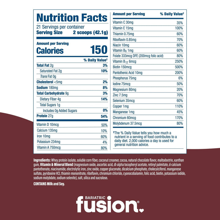 Bariatric Fusion Chocolate High Protein Meal Replacement nutrition facts.