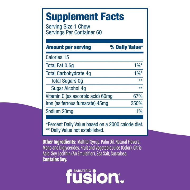 Grape 45mg Iron soft chew with Vitamin C supplement facts.