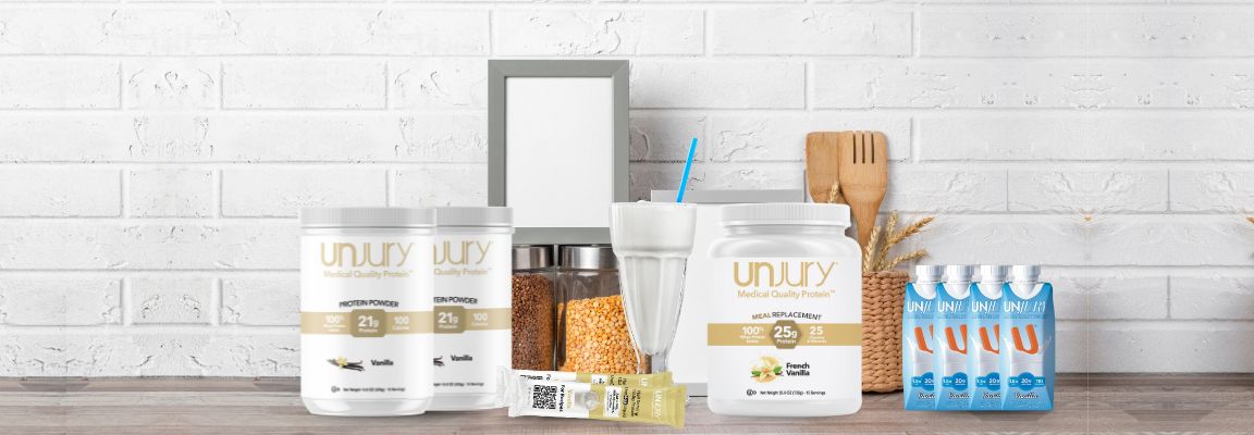 Unjury vanilla flavored protein products including protein powder and ready-to-drink shakes.