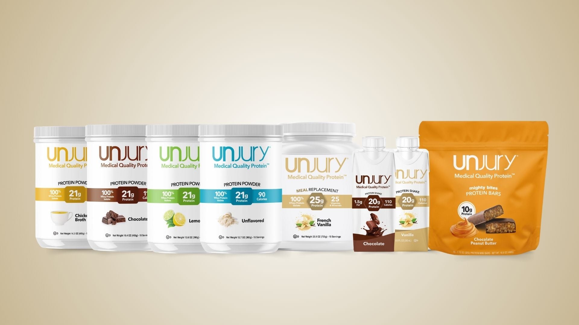 Unjury Protein Powder, ready-to-drink shakes and protein bars.