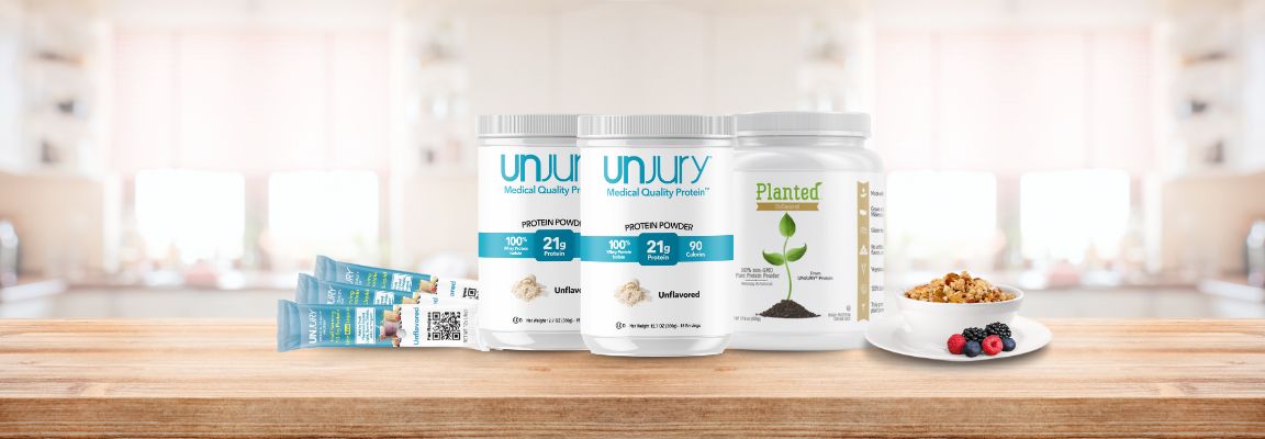 Unjury Unflavored whey protein and plant-based powders.