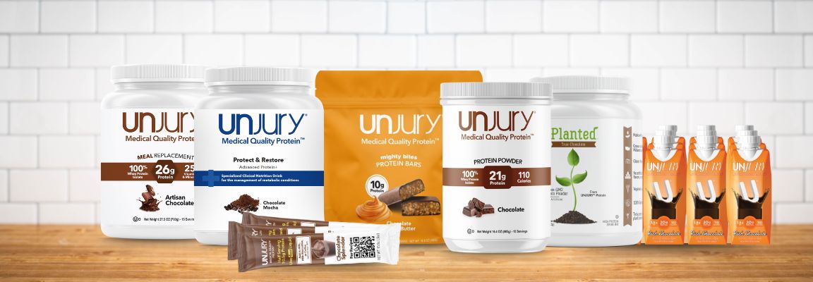 A collection of Unjury Chocolate Flavored Protein Powder products.