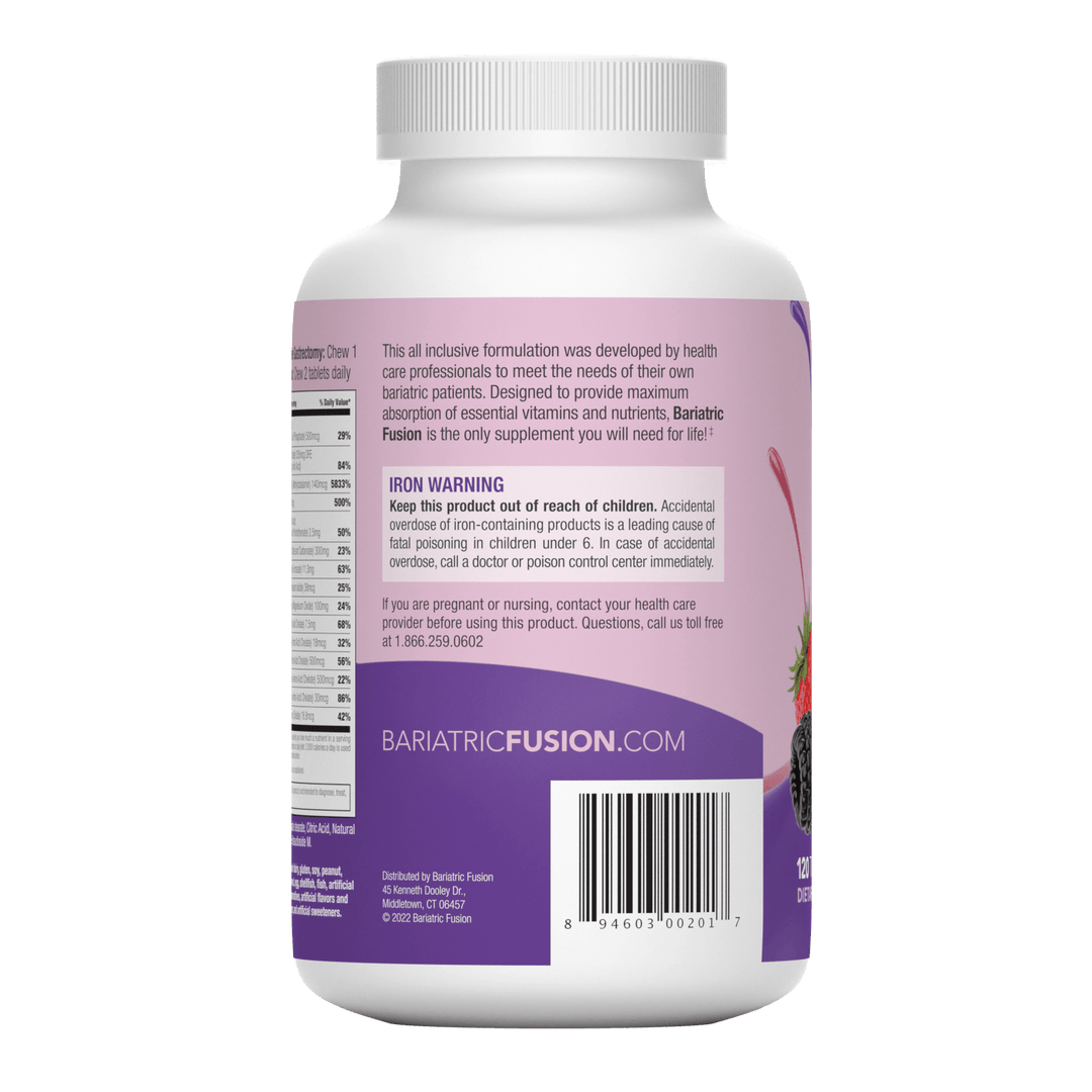 Mixed Berry Complete Chewable Bariatric Multivitamin back of bottle with UPC.