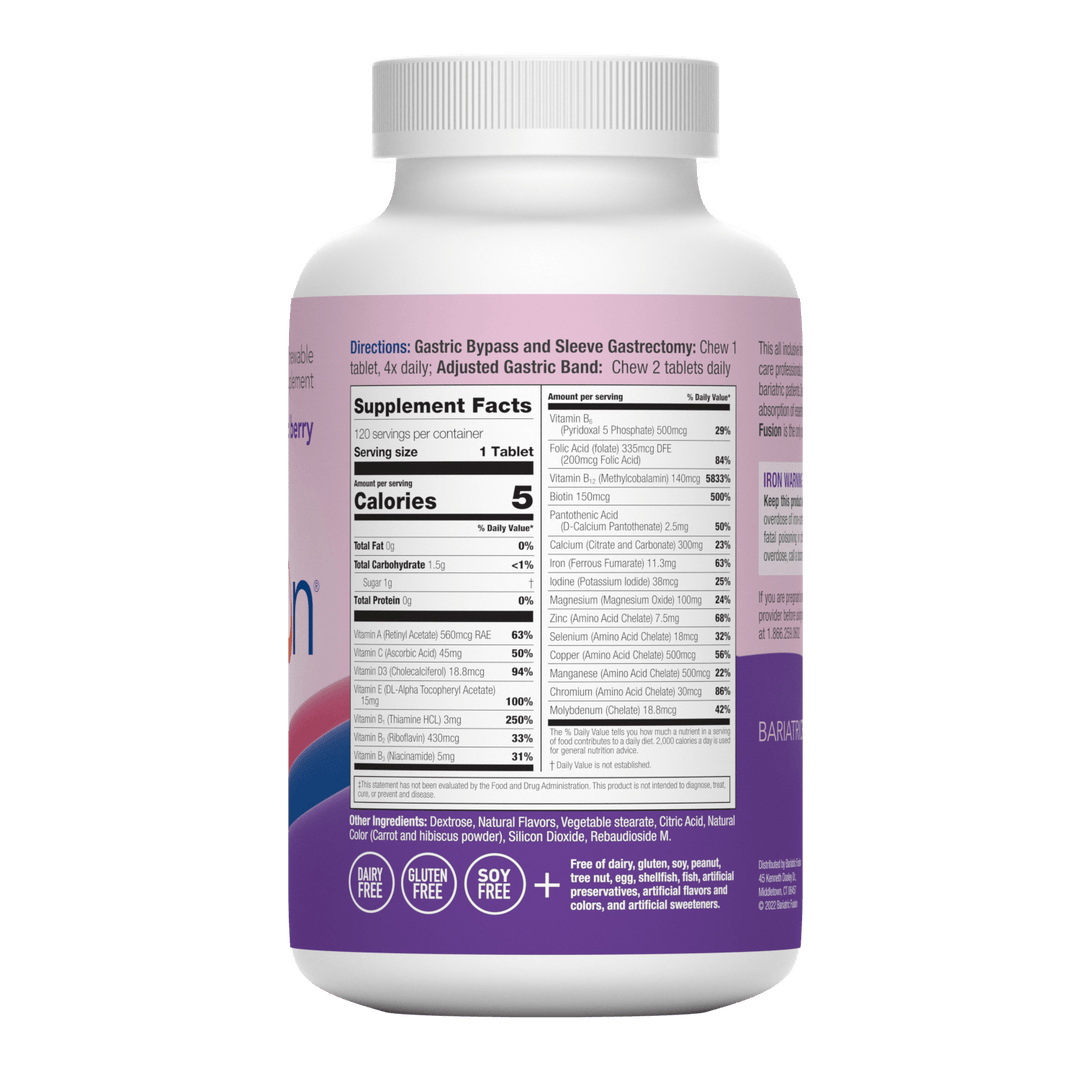 Mixed Berry Complete Chewable Bariatric Multivitamin Supplement Facts on bottle