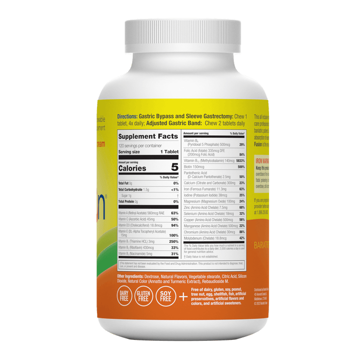 Orange Cream Complete Chewable Bariatric Multivitamin Supplement Facts on bottle.