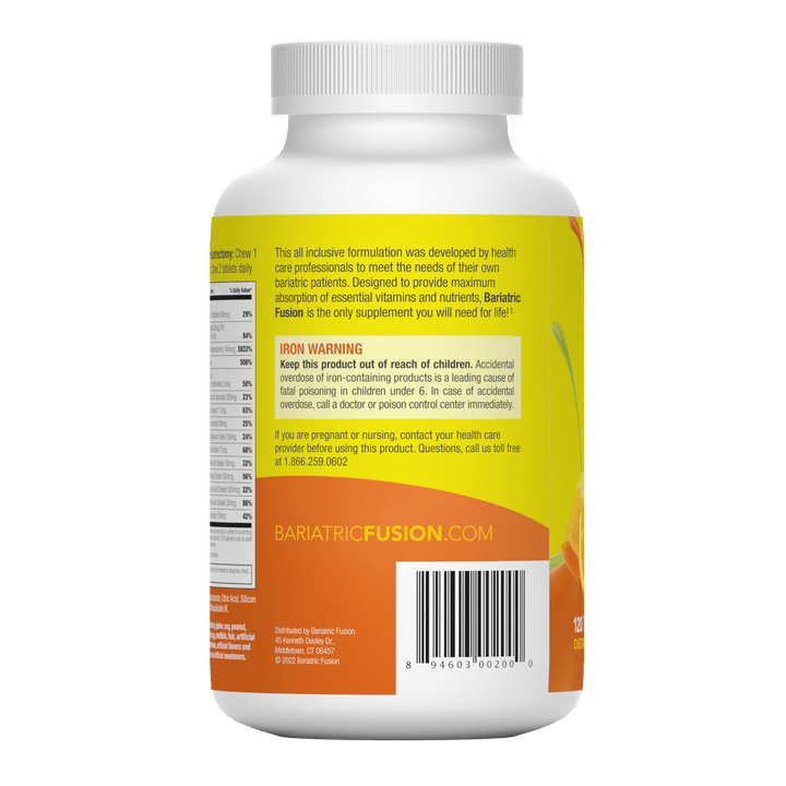 Orange Cream Complete Chewable Bariatric Multivitamin back of bottle with UPC.
