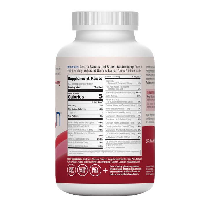 Strawberry Complete Chewable Bariatric Multivitamin supplement facts on bottle.