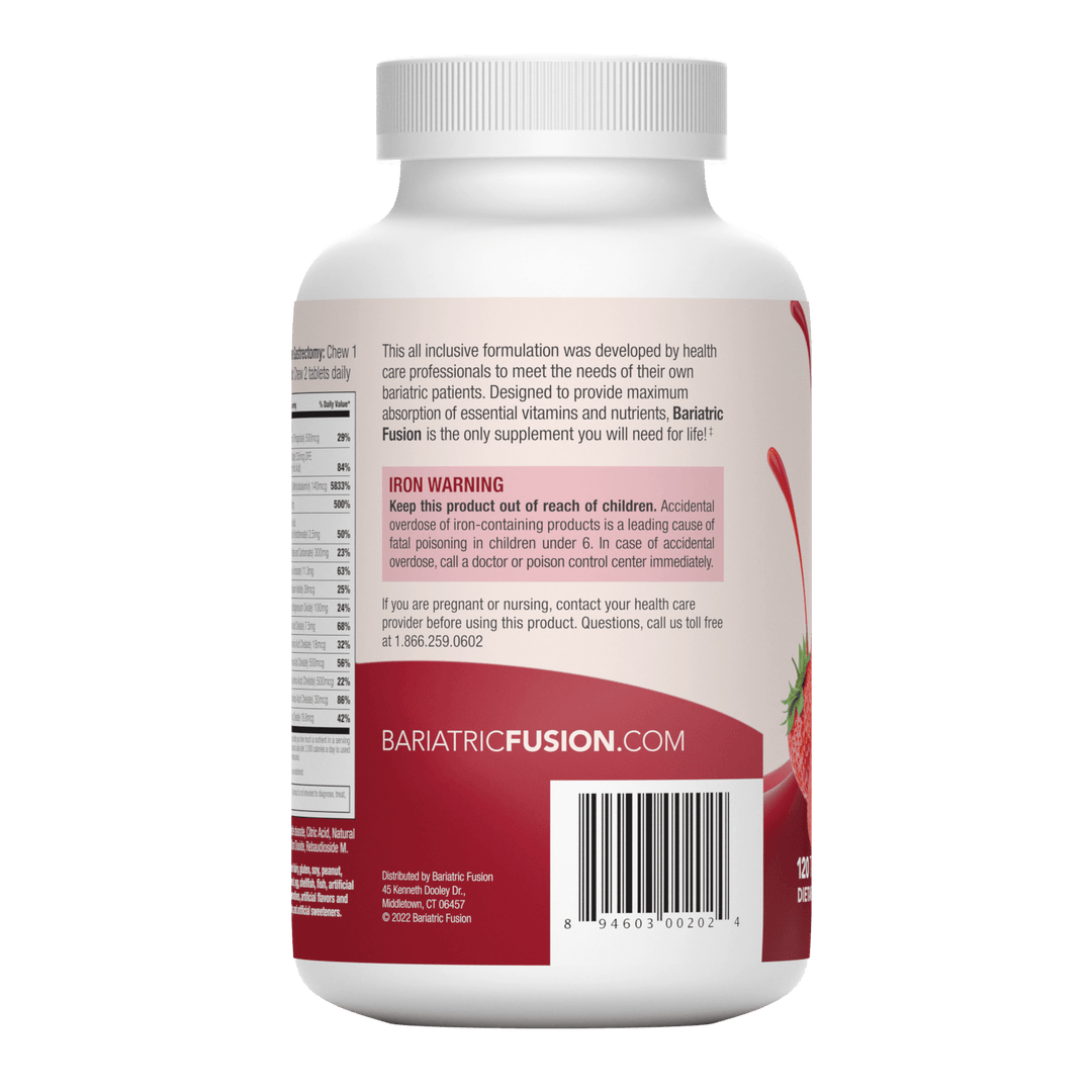 Strawberry Complete Chewable Bariatric Multivitamin back of bottle with upc.