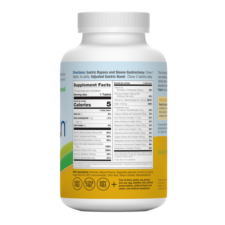 Tropical Complete Chewable Bariatric Multivitamin Supplement Facts on bottle.
