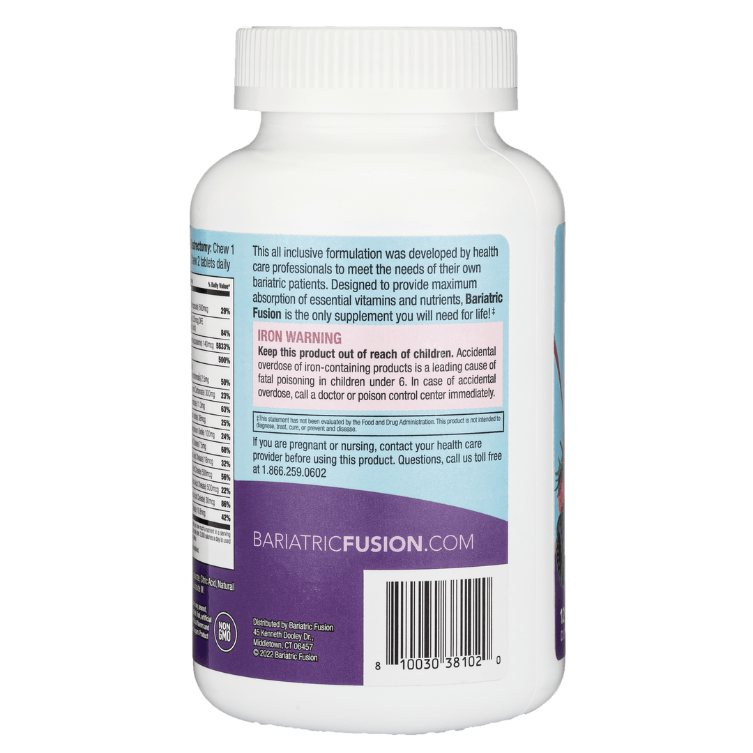 Very Berry Complete Chewable Multivitamin with Vitamin K back of bottle with UPC.