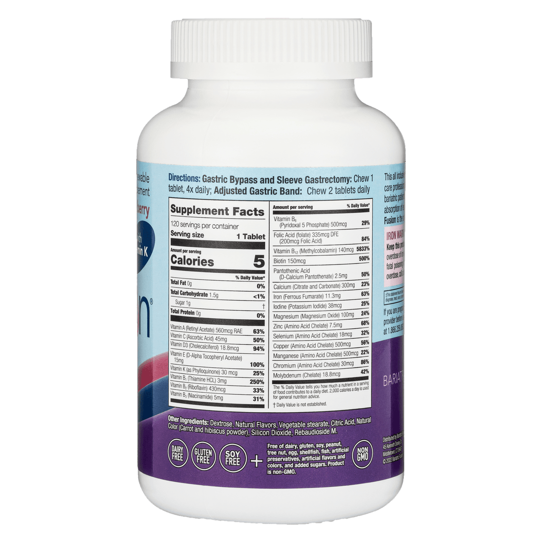 Very Berry Complete Chewable Multivitamin with Vitamin K Supplement Facts on bottle.