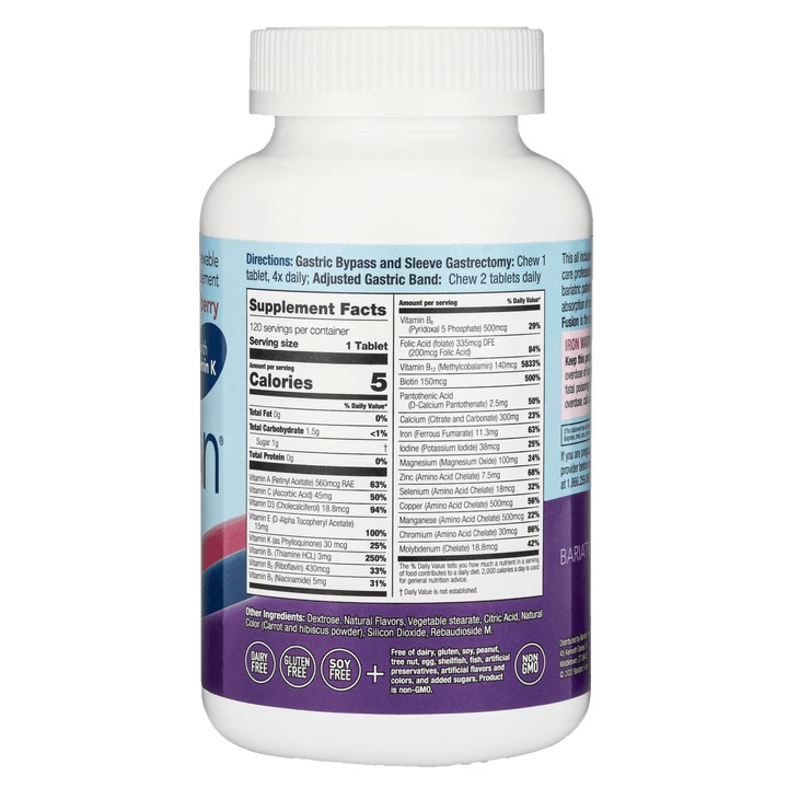 Very Berry Complete Chewable Multivitamin with Vitamin K Supplement Facts on bottle.
