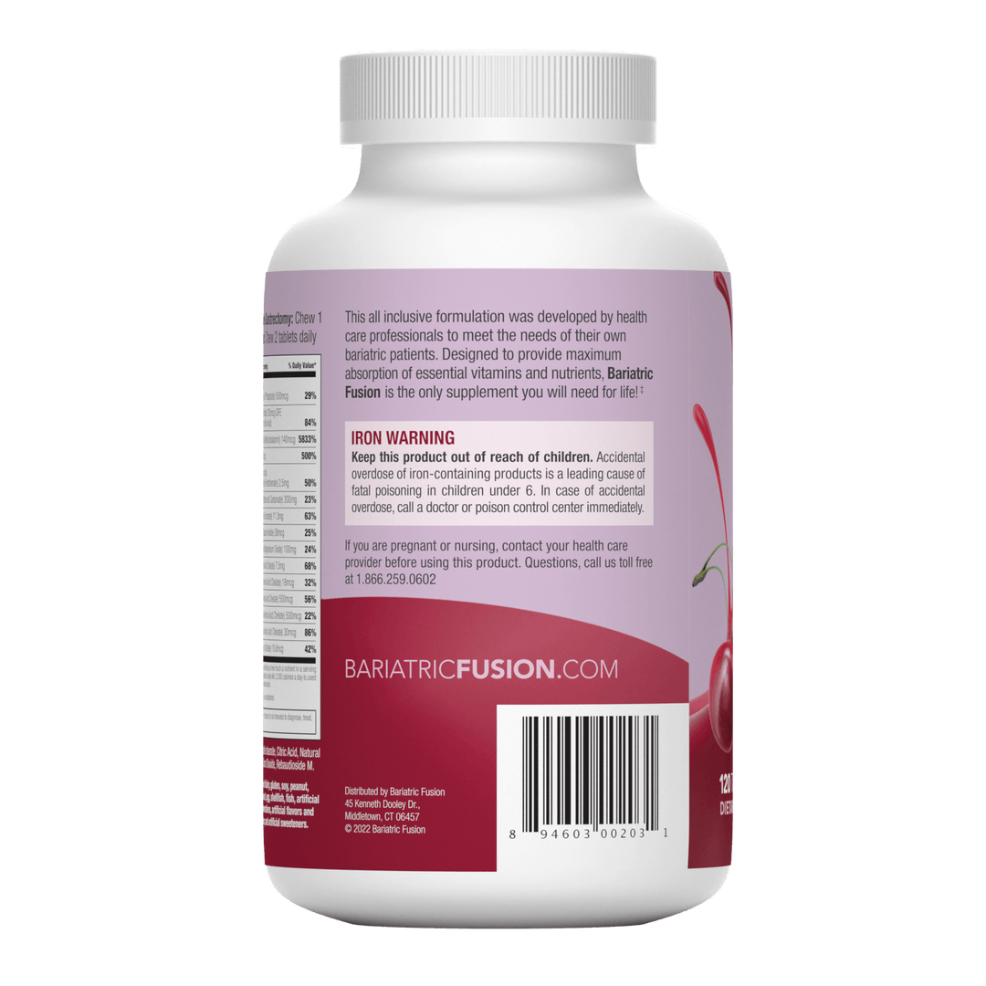 Wild Cherry Complete Chewable Bariatric Multivitamin back of bottle with UPC.