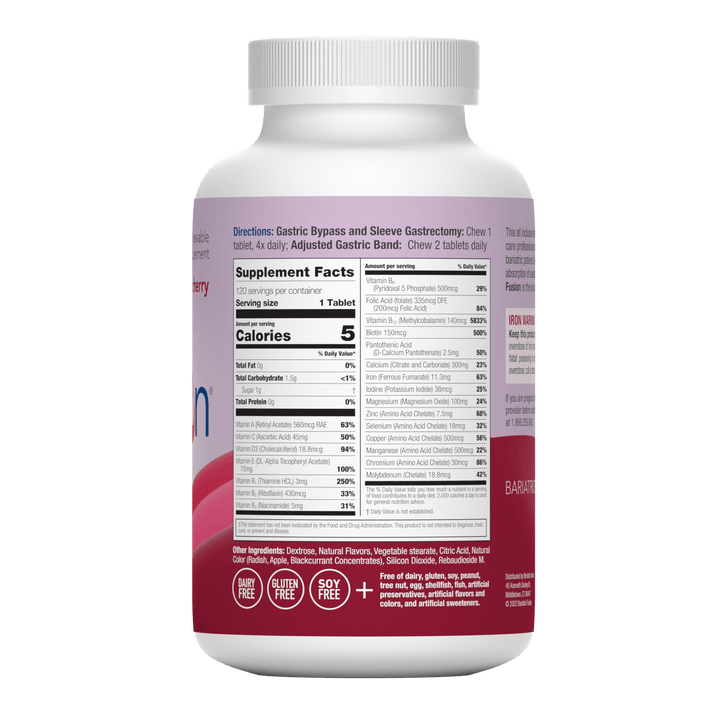 Wild Cherry Complete Chewable Bariatric Multivitamin Supplement facts panel on bottle.