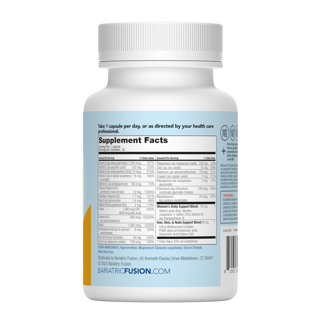Bariatric Fusion Women’s One Per Day Multivitamin Capsules supplement facts panel on bottle.
